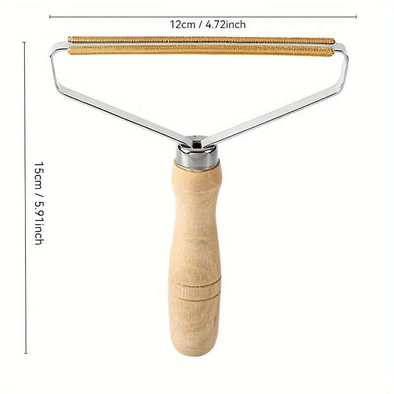 Dog hair remover grooming tool with a metal and wooden design, ideal for fur removal from various surfaces.