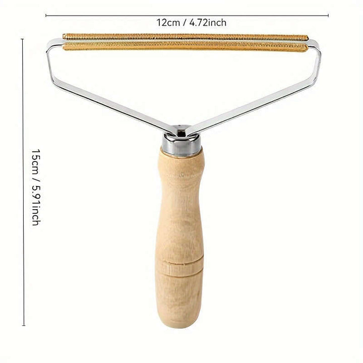 Dog hair remover grooming tool with a metal and wooden design, ideal for fur removal from various surfaces.