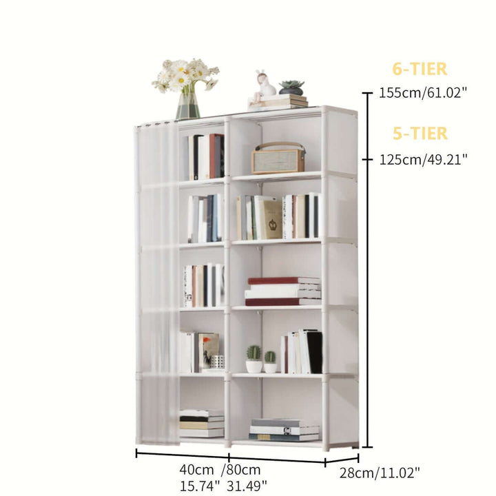 6-tier metal storage organizer displaying books and decor, measuring 155cm high and 40cm wide.