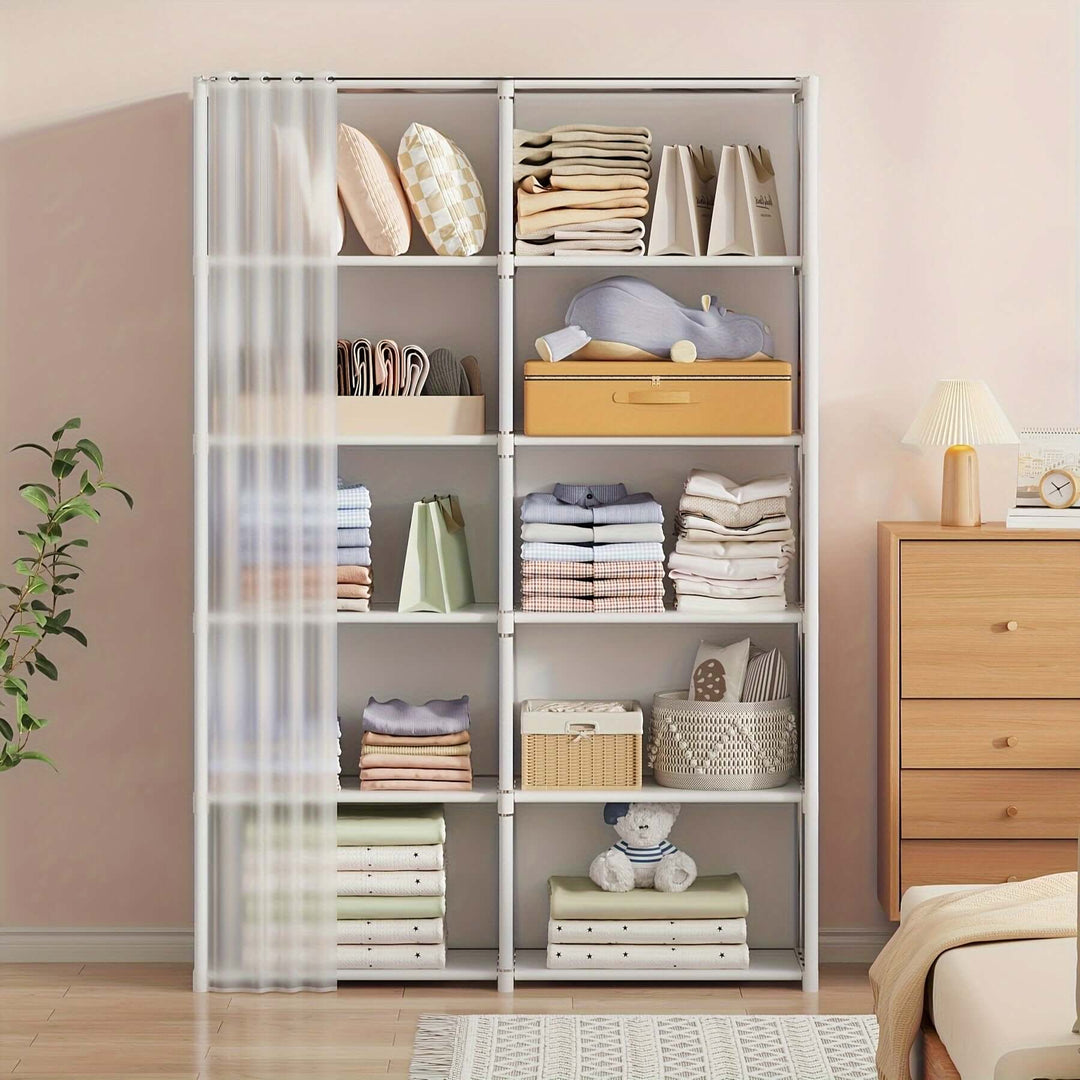 6-tier metal storage organizer featuring neatly arranged folded clothes, books, and storage bins in a stylish room.