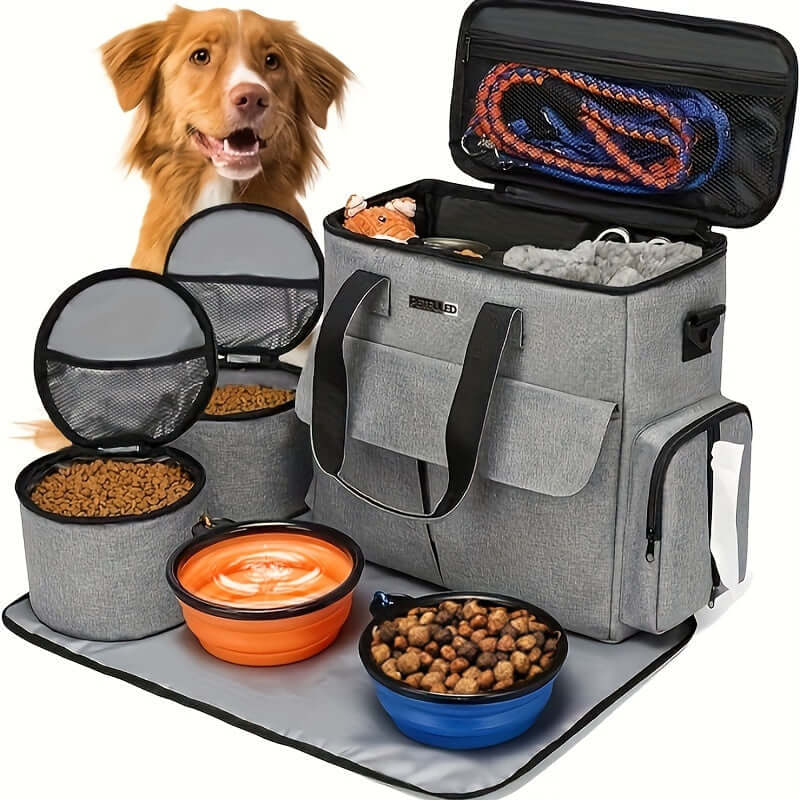 airline approved pet travel bag with durable design, foldable bowls, food containers, and a happy dog.