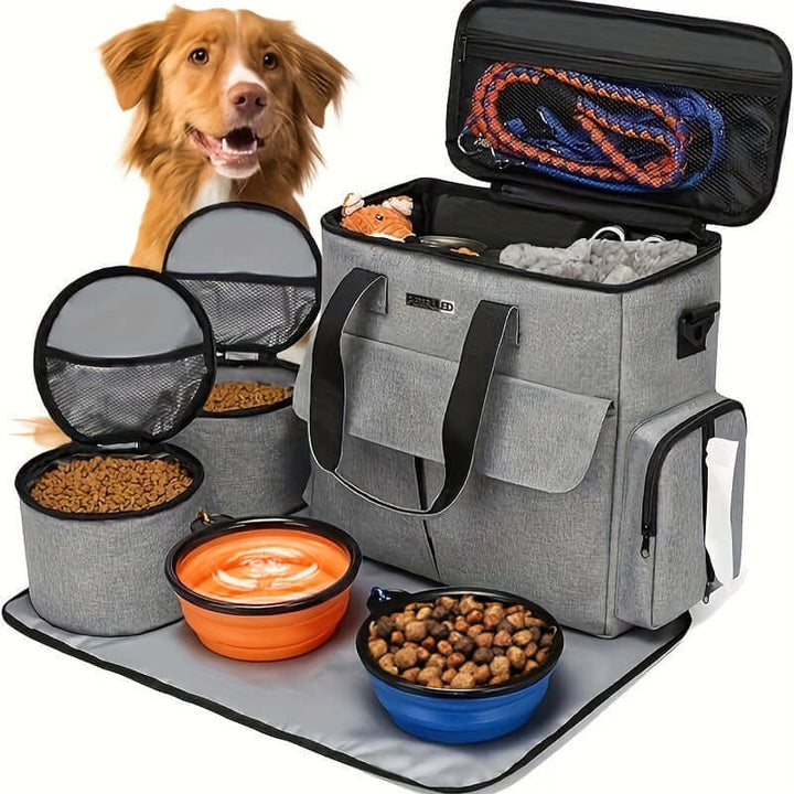 airline approved pet travel bag with durable design, foldable bowls, food containers, and a happy dog.