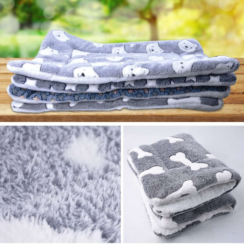Flannel pet blanket keeping a dog warm at home in winter