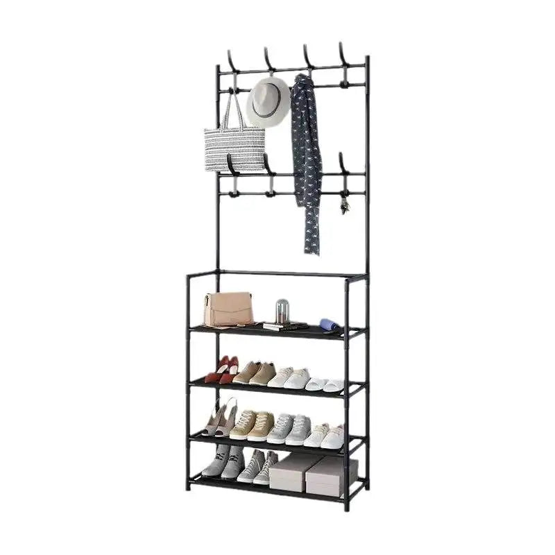 Multifunctional Free-Standing Coat and Shoe Rack Organizer with Storage Shelves and Hooks