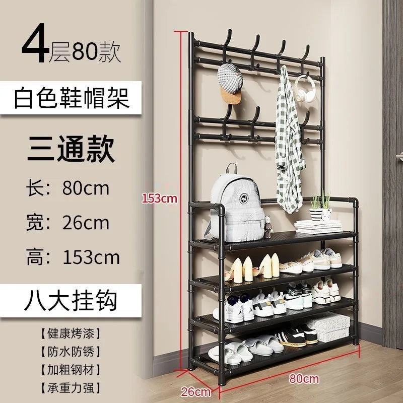 Multifunctional Free-Standing Coat and Shoe Rack Organizer with Storage Shelves and Hooks