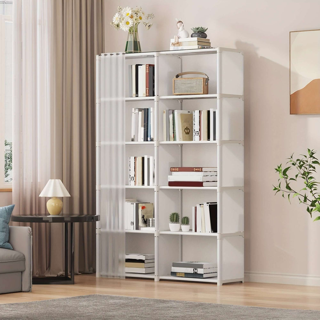 6-tier metal storage organizer showcasing books and decor in a stylish home office setting.
