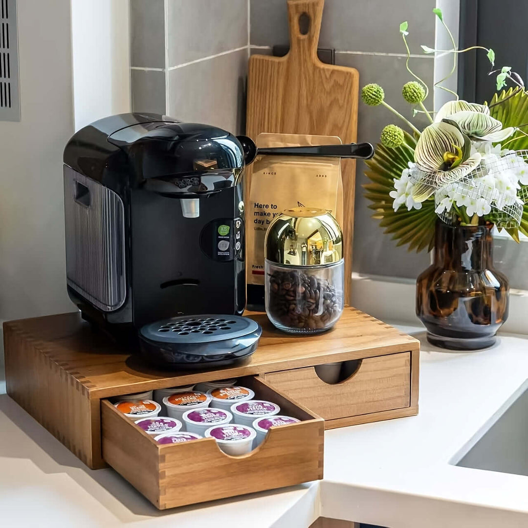 wooden kitchen storage cabinet with drawers
