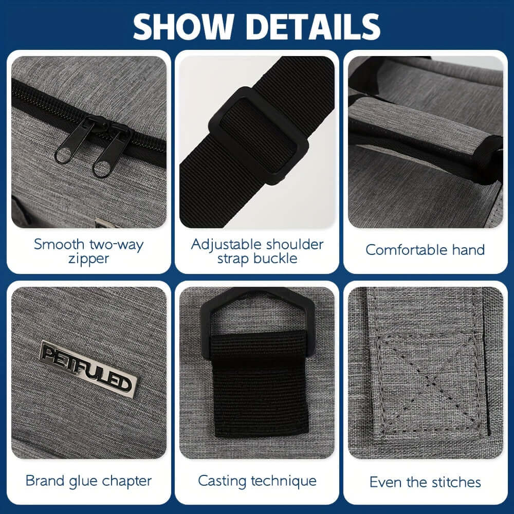 Details of airline approved pet travel bag showing smooth zipper, adjustable strap, and high-quality materials.
