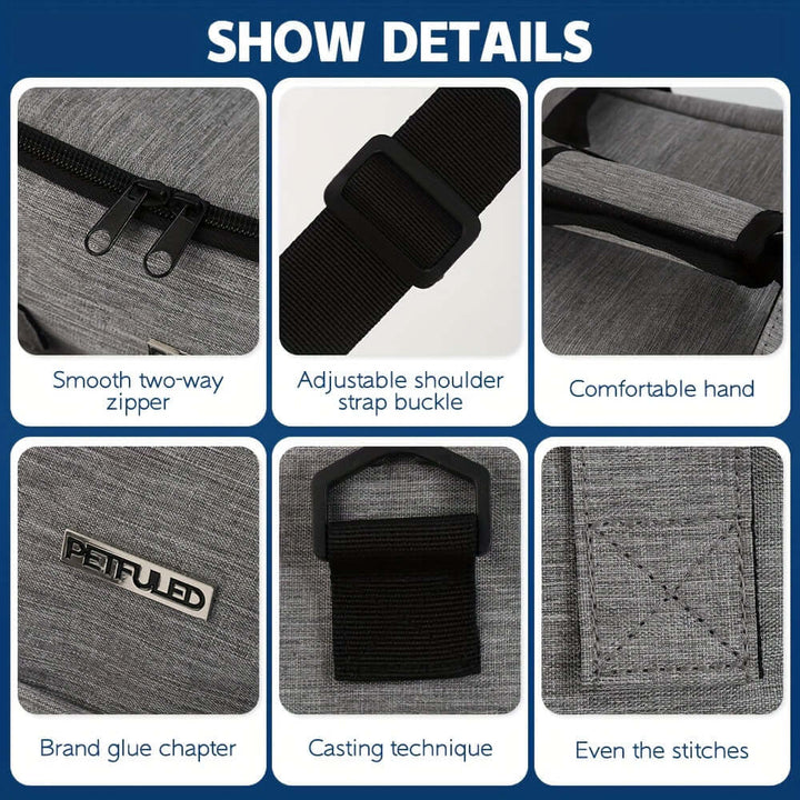 Details of airline approved pet travel bag showing smooth zipper, adjustable strap, and high-quality materials.